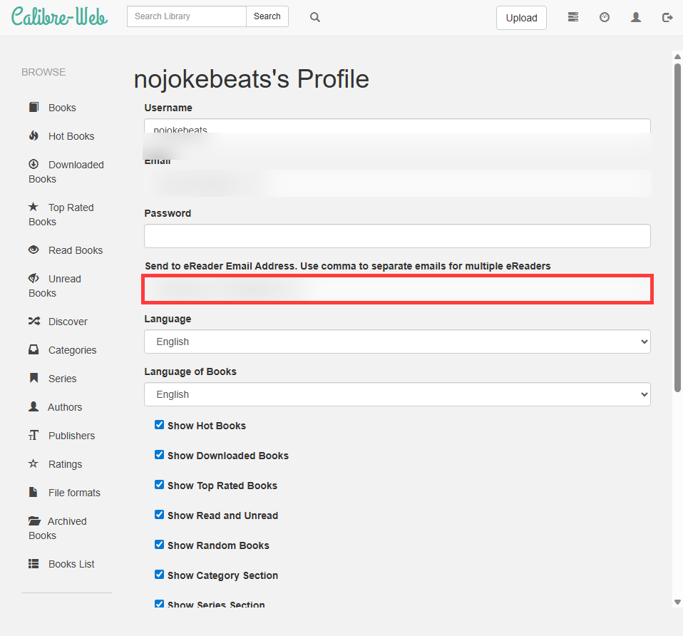Calibre-Web profile page with the Send to eReader Email Address field highlighted in red